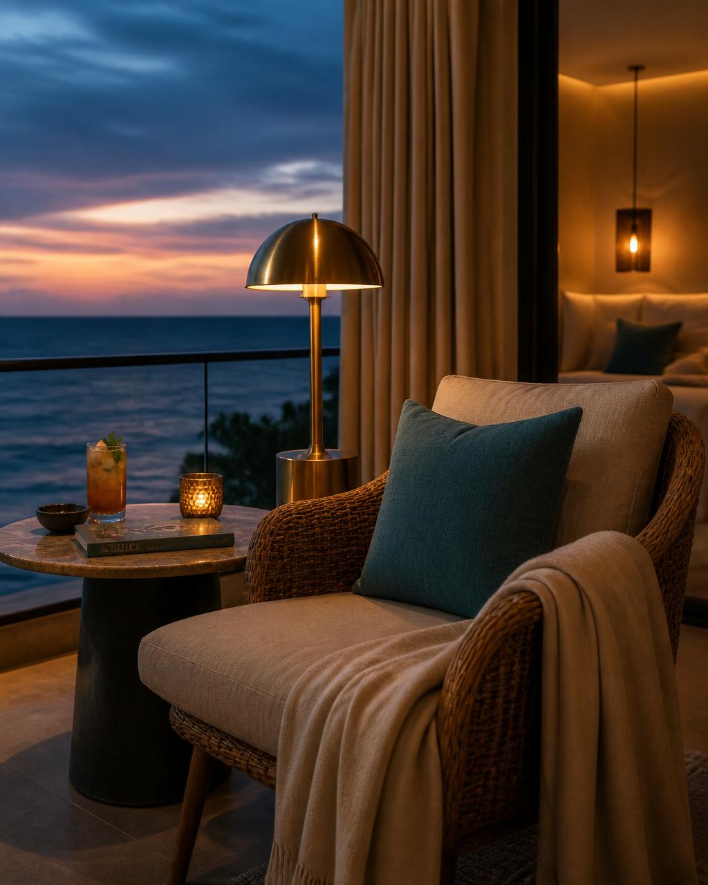 Sea-facing terrace with brass lamp and linen seating at Hotel Lodge